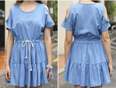 品名: 新款韓版露肩洋裝連衣裙(單色牛仔藍) J-11023