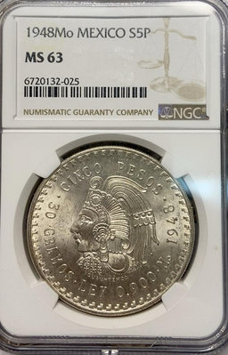 二手 墨西哥瑪雅酋長銀幣1948 NGC MS63 錢幣 銀幣 硬幣【奇摩錢幣】1702
