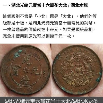 湖北省造光緒元寶當十中心六瓣花，背水龍；特徵：大北、龍胸無雲