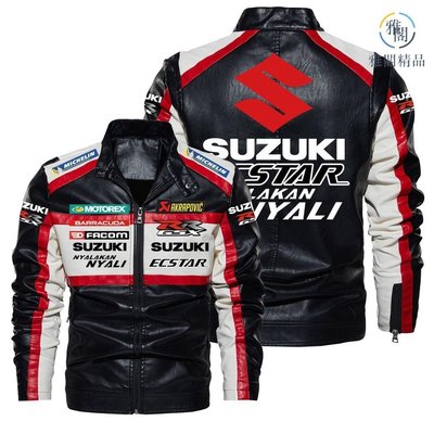 Suzuki重機車騎行服撞色皮夾克鈴木賽車印花復古水洗pu皮衣 防風夾克 機-雅閣精品