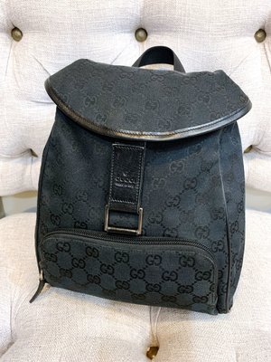 Gucci 二手真品 vintage 古董 黑色 緹花布 單扣魔鬼氈  束口 後背包