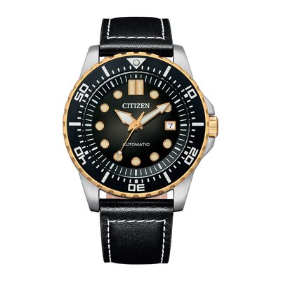 【金台鐘錶】CITIZEN 星辰 (半金黑水鬼) 潛水機械錶 43mm 皮帶男錶 100米防水 NJ0176-10E