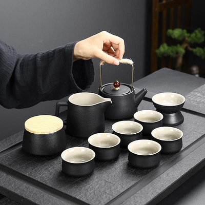 現貨 茶道 茶杯 黑陶日式提梁壺陶瓷茶杯茶具功夫茶具套裝家用辦公泡茶