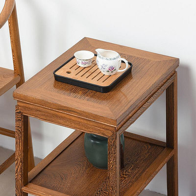 現貨 紅木家具雞翅木茶幾雙層中式方形邊幾桌全實木泡茶臺原木茶架整裝