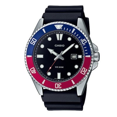 【台南 時代鐘錶 CASIO】卡西歐 新槍魚系列 橡膠錶帶 200米潛水錶 MDV-107-1A3 可樂圈 藍/紅