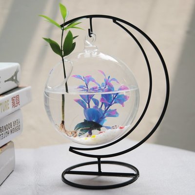 創意懸掛玻璃魚缸透明水培花瓶鐵藝吊掛金魚缸斗魚缸家居桌面擺件