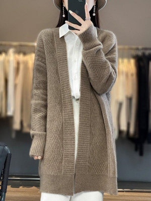 【熱賣精選】女羊毛衣 2023新款100%羊毛開衫加厚女v領中長款外搭寬松腰帶羊絨針織外套