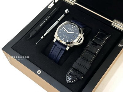 高雄店 遠麗全新二手名牌館~K7048 Panerai 精鋼藍錶盤藍橡膠錶帶自動上鍊機械腕錶PAM01313 Lumin