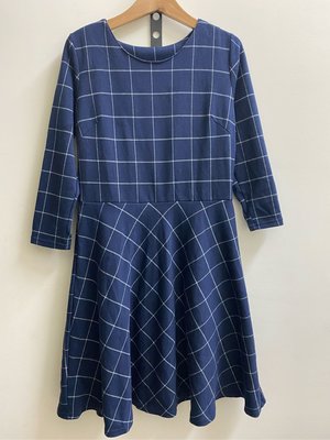 日本NBB品牌【Natural Beauty Basic】藍色格子長袖洋裝腰身連身裙