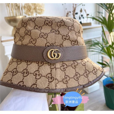 GUCCI 古馳 帽子古馳新款雙G金扣滿logo印花帆布漁夫帽 576587 女生帽子 冬季百搭 帽子