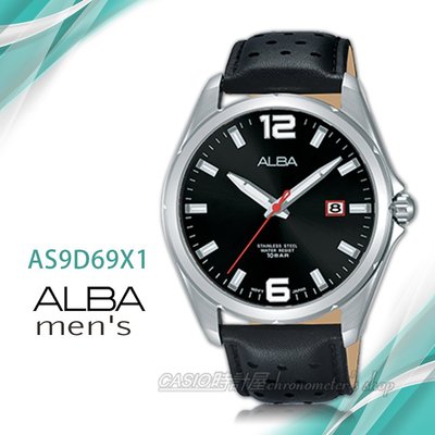 CASIO時計屋 ALBA 雅柏手錶 AS9D69X1 石英男錶 皮革錶帶 黑 防水100米 日期顯示 全新品 保固一年