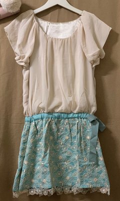 [Fabulous日系] 二手品 (杏x綠)垂感雪紡甜美總蕾絲包袖洋裝·腰鬆緊綁緞帶 #只有1件