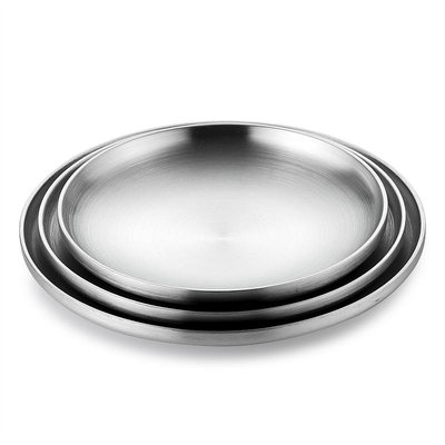 家用雙層隔熱304不銹鋼盤子圓盤平底餐盤菜碟子平盤燒烤
