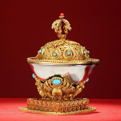佛藝館 慧寶托巴銅鎏金雕花藏式桌面擺件客廳家用嘎巴拉碗 FY