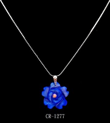 CR-1277 MOP染藍色雕刻花墬子(20MM)+粉紅珊瑚圓珠(3MM )+鍍k白項鍊18”