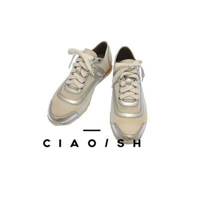 CIAO/SH 名牌精品店 HERMES 米白棉+銀色皮綁帶休閒鞋