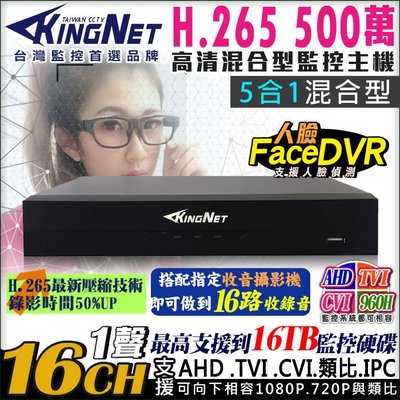 16路監視器 監控主機 KingNet 500萬 5MP人臉偵測 H.265壓縮 手機遠端 AHD TVI CVI 類比