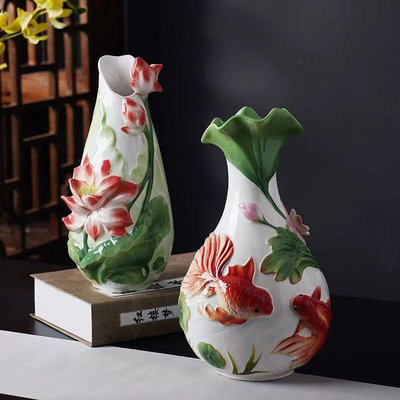 招財古典法蘭瓷浮雕中式高顏值喜慶含苞欲放家居陶瓷裝飾擺件花瓶