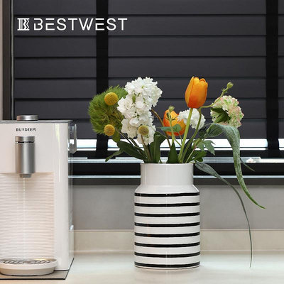 花瓶北歐黑白橫條紋彩繪陶瓷花瓶擺件樣板間插花器裝飾品