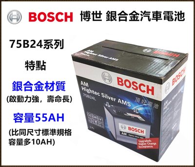 頂好電池-台中 BOSCH 75B24L 75B24LS 高容量銀合金汽車電池 55AH大容量 充電制御 55B24LS