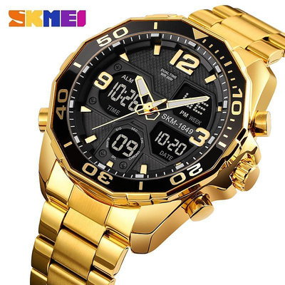 SKMEI 1649 豪華金色男士手錶頂級品牌不銹鋼石英數字防水手錶
