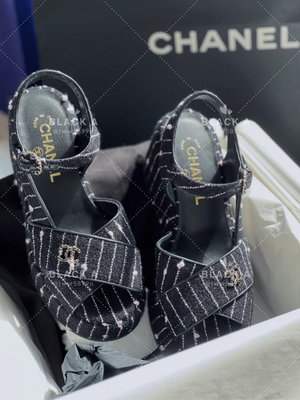 【BLACK A】Chanel 23P 黑粉條紋編織毛呢厚底涼鞋 價格私訊