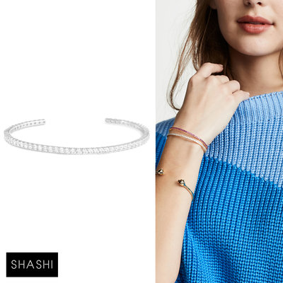 SHASHI 紐約品牌 Bianca Cuff 銀色鑲鑽手環 亮面優雅圓弧 925純銀