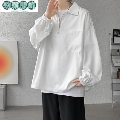 日系長袖Polo衫男春秋季學院風大碼半拉鏈衛衣小眾高級感工裝外套--勁霸服飾
