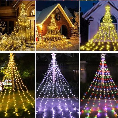 聖誕裝飾星星燈串 8 模式 350 LED 瀑布聖誕樹星禮帽仙女燈為露台假日裝飾花園家庭聚會臥室裝飾燈串-慧友芊家居