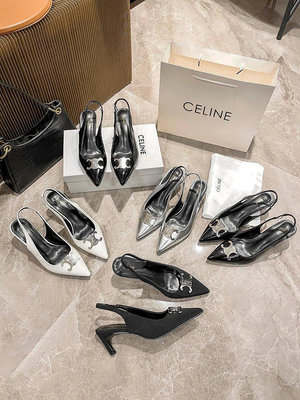 熱銷#CELINE女鞋涼鞋尖頭高跟鞋銀色尖頭貓跟鞋高跟鞋后空涼鞋單