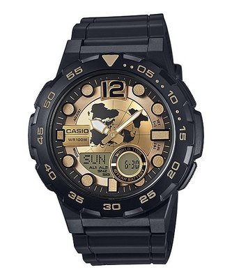【金台鐘錶】CASIO卡西歐10年電力 電子錶 世界時間 雙顯橡膠腕錶 金x黑 AEQ-100BW-9A