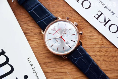 Emporio Armani 手錶AR11123 亞曼尼日期雙眼計時玫金框深藍皮帶男錶