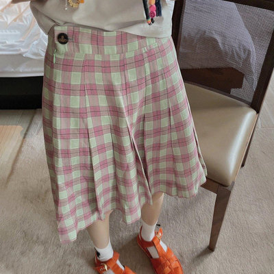 大東全球購~春季新款Vivienne Westwood粉色格子條紋百褶半身裙女