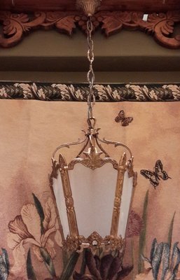【波賽頓-歐洲古董拍賣】歐洲/西洋古董 法國古董路易十五風格 黃銅玻璃燈籠吊燈/燭台 2燈(高度:72公分)