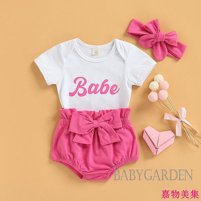 Babygarden-0-24個月女嬰休閒裝套裝短袖圓領連衣+短褲+頭帶