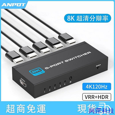 安東科技HDMI2.1切換器5進1出8K 60Hz/4K 120Hz高刷新率支持PS4/PS5 Xbox 機頂盒