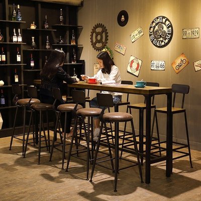 現貨熱銷-工業風鐵藝實木家用吧臺椅桌現代簡約吧臺高腳凳咖啡廳酒吧桌椅