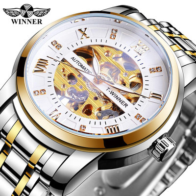 現貨男士手錶腕錶Winner商務風鏤空全自動機械錶男士鑲鉆手錶羅馬錶盤歐美熱賣