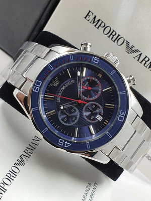 EMPORIO ARMANI 藍色面錶盤 銀色不鏽鋼錶帶 石英 三眼計時 男士手錶 AR5933 亞曼尼腕錶