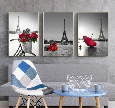 歐式現代灰白建築風景巴黎鐵塔裝飾畫畫芯客廳餐廳掛畫無框畫畫心(不含框)