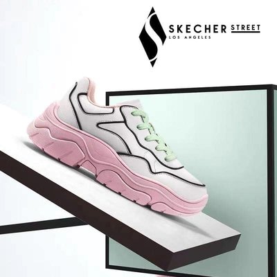 SKECHER明星代言款 155038WLPK Street-City Mist光滑皮革記憶鞋墊增高約5cm繫帶時尚休