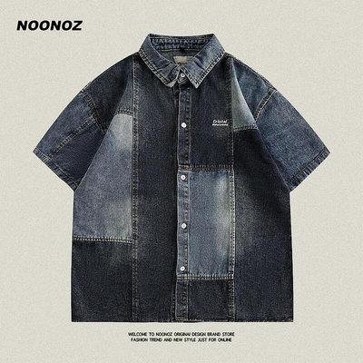 威登服裝城 NOONOZ牛仔拼接短袖襯衫男夏季寬松高級感日系工裝高街美式bf襯衣 NX4423