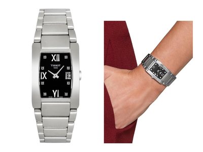 TISSOT T-Trend Generosi-T 黑色面長方型錶盤 銀色不鏽鋼錶帶 石英 女士手錶 T0073091105600 天梭腕錶