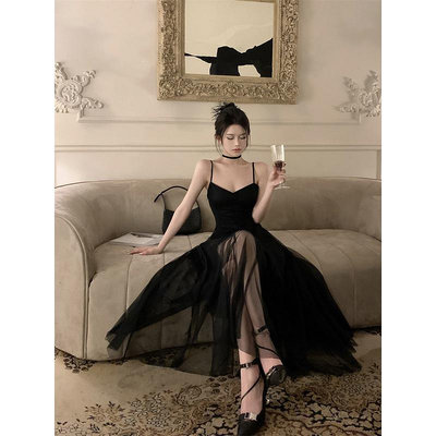 【巴黎】【法式】DAILI黑色性感禮服洋裝 小禮服洋裝吊帶連衣裙芭蕾純慾法式氣質長裙