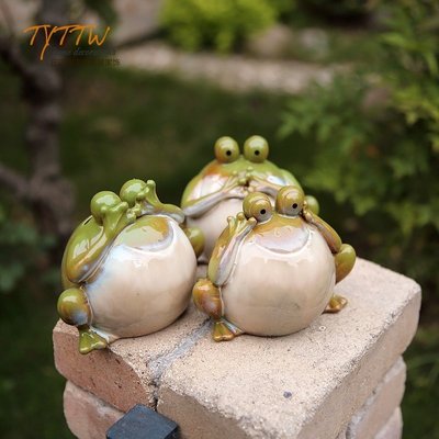 荷塘青蛙不聽不看不說陶瓷儲蓄罐擺件 花園園藝水池造景~特價