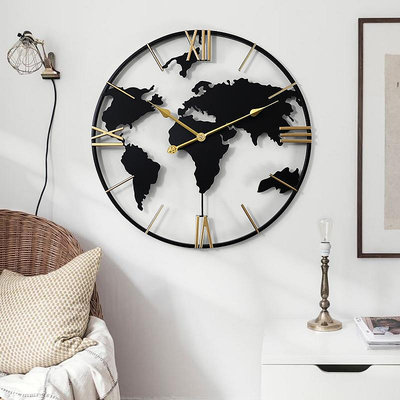 世界地圖鐘表裝飾掛墻鐵藝掛鐘北歐現代靜音裝飾掛表高檔大氣時鐘~菜菜小商鋪