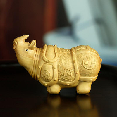 星星館 黃楊木雕擺件犀牛手把件動物雕刻家居飾品中式工藝品 cl