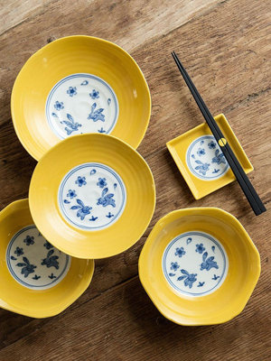 茶藝師 日本進口明黃色櫻花兔子陶瓷餐具甜品盤深盤菜盤六角湯盤蘸料碟