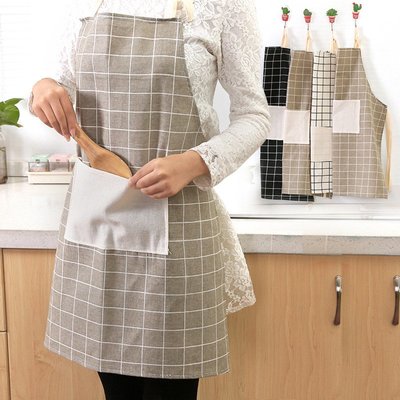 日式廚房格子棉麻女圍裙加厚圍腰 廣告圍裙logoY9739