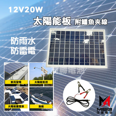 【茂勝電池】12V 20W 太陽能板 附鱷魚夾線 家用發電 太陽能監控 太陽能露營車 漁船 適用 【可自取、可詢問】